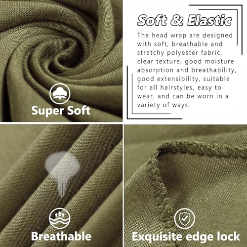 COOKOO 2 Piece Solid Color Stretch Jersey Head Wrap Long Scarf Muslim Headwraps Long African Women's Headwrap Stretch Hijab Extra Fashion Head Scarf Head Bands for Women(Coffee+Army Green)3