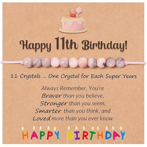 Mezrkuwr 11 Años Regalos de Cumpleaños para Niñas, Pulsera de Piedra Natural Rosa con y Tarjeta de Mensaje para Hija/Nieta/Niña Regalos de Cumpleaños para Niñas