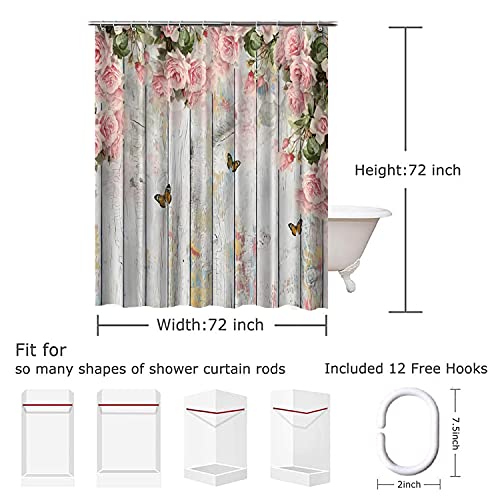 Verngo Pink Rose Shower Curtain For Bathroom Illusion Floral Butterfly Bath Curtain Wood Background Shower Curtain #TOP4