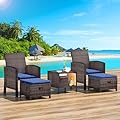 LEVELEVE Balcony Furniture 5 Piece Patio Conversation Set, PE Wicker Rattan Outdoor Lounge Chairs with Soft Cushions 2 Ottoman&Glass Table for Porch, Lawn-Brown Wicker