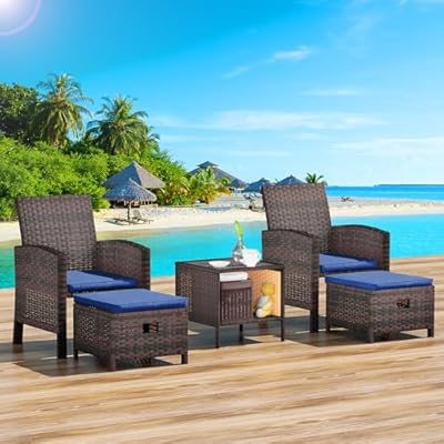 LEVELEVE Balcony Furniture 5 Piece Patio Conversation Set, PE Wicker Rattan Outdoor Lounge Chairs with Soft Cushions 2 Ottoman&Glass Table for Porch, Lawn-Brown Wicker