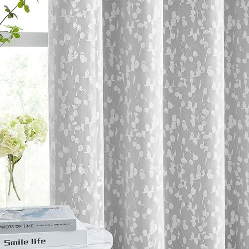 Image of Mix Matched Grey Full Blackout & Sheer Leaf Lace Curtains 52 inchWx95 inchL 6Panels | White Lace Sheer Leaf & Grey Blackout Combo Set, 2 Blackout+2 Sheer Panels, 4-Piece Set, Mix and Match Style Grommet Top