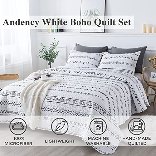 Andency White Quilt Set King (106X96 Inch), 3 Pieces(1 Boho Printed Quilt And 2 Pillowcases), Bohemian Summer Lightweight Reversible Microfiber Bedspread Coverlet Sets #TOP1