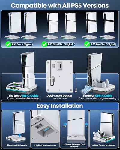 Image of Cooling Station for PS5 /Slim /Pro Disc & Digital Edition, PS5 Stand with Dual Controller Charger & 3-Level Cooling Fan & Cordless Charging, Pa5 Vertical Stand Base with 9 RGB Lights & Headset Holder