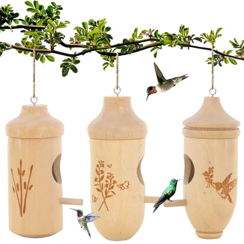 Hummingbird House - Natural Wooden Hummingbird Nesting Houses for Gardening Gifts, Christmas Home Decoration 3 Packs