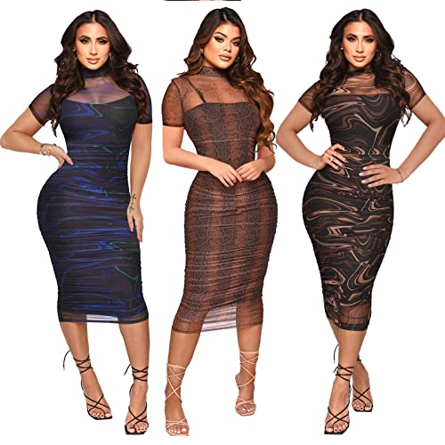 Women Sexy Bodycon Midi Dress Sheer Mesh Short Sleeve Printed See Through Party Dresses Clubwear Brown Wave 2X #TOP1