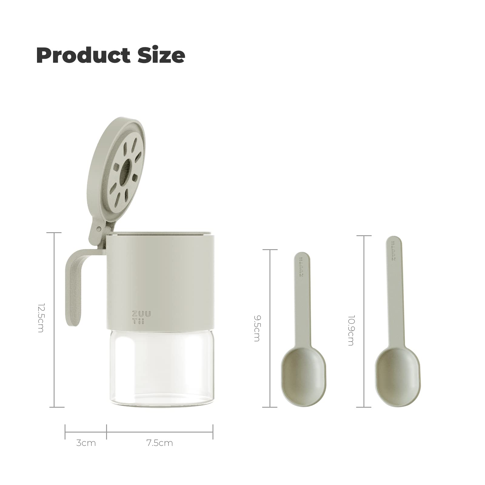 Zuutii Tarros de cristal para especias a prueba de humedad con cucharas, juego de 2 botellas de especias de 10 onzas300 ml, mini frascos de almacenamiento de condimentos con tapas para sal, azúcar,