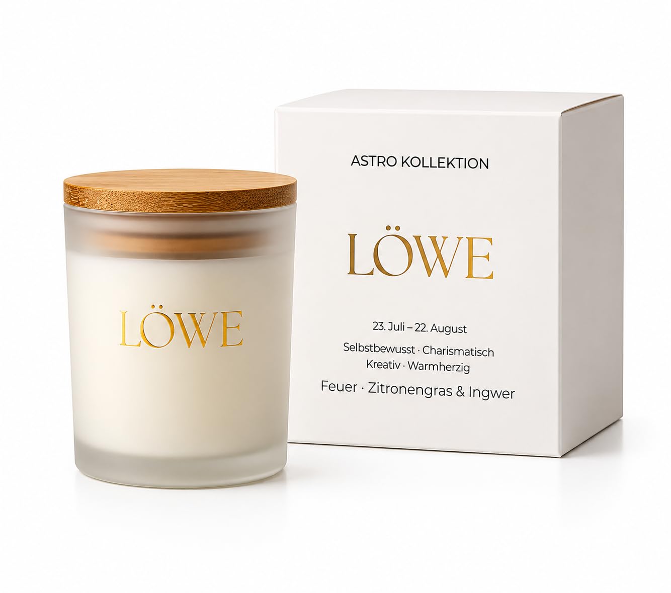 Löwe Astro Duftkerze, Zitronengras & Ingwer, Sojawachs, 220 ml, 45–50 Stunden Brenndauer