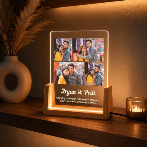 Image of Giftplease Personalized LED Acrylic Photo Frame with Custom Photos & Names | Engraved Acrylic Picture Lamp | Wooden Base | USB Warm LED Night Light | Anniversary, Wedding, Birthday, Couple, Family