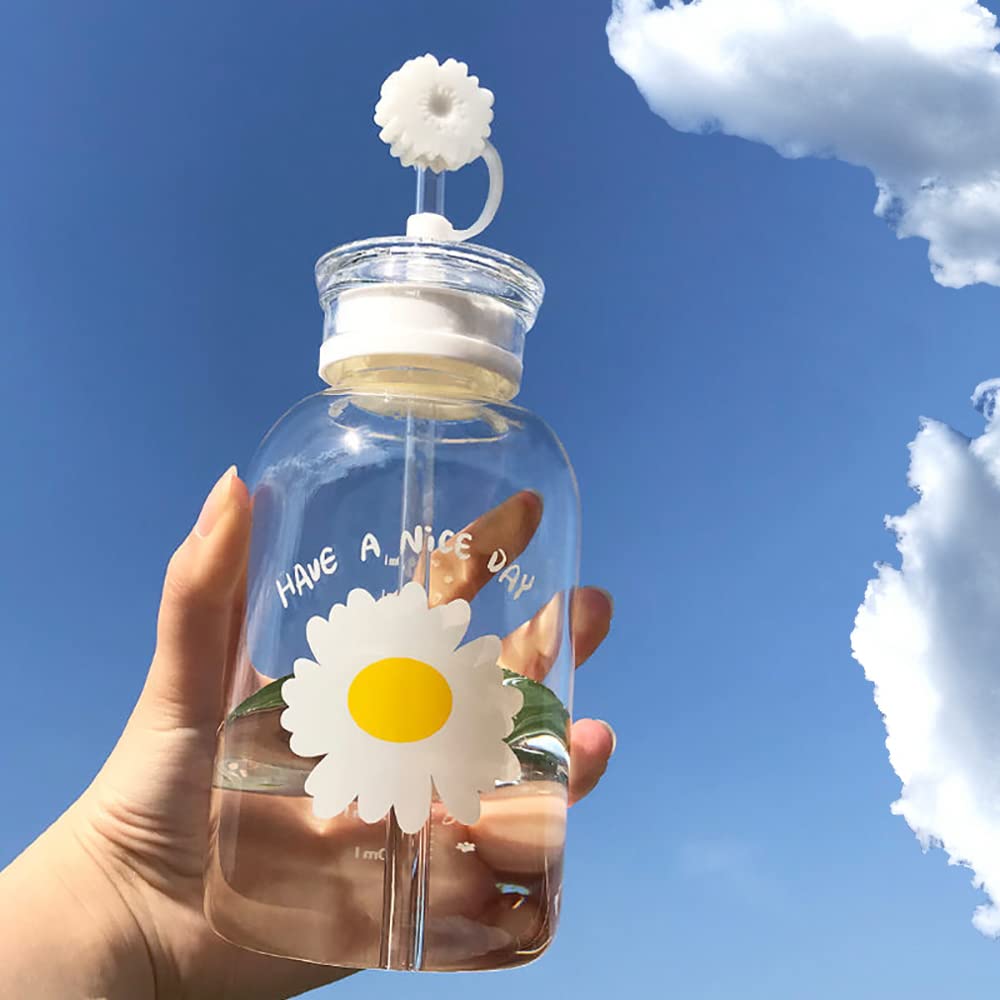 JZSMY480ml Milk Juice Cute Water Bottle with Scale 2 Lids Little daisy Matte Portable Transparent Water Cup Glass Bottles Creative Handy Cup with Straw and Straw Plug (Transparent 1 flower)