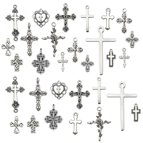 TEOZBLU Lot de 30 breloques religieuses en forme de crucifix en argent antique pour la fabrication de bijoux, les loisirs créatifs, la décoration de la maison