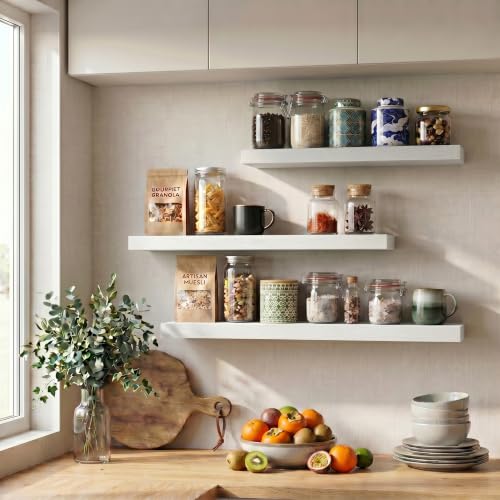 Image of Fun Memories 10 inch Deep Floating Shelves with Invisible Brackets, 20 inch Wall Shelves for Bathroom Bedroom Living Room, Modern Rustic Shelves for Home Decor, 20 inch W x 10 inch D x 1.5 inch H, Set of 3, White