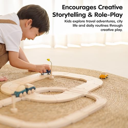 Image of PlanToys Wooden My First Rail & Road Toy Set Montessori Building Kids Play | wooden train, toy cars, tracks, girls, boys, imaginative fine motor problem solving city role gift preschool interactive
