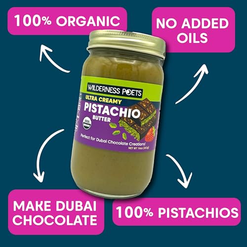 Image of Wilderness Poets, Organic Ultra Creamy Pistachio Nut Butter - 1 Pound (16 oz), Silky Smooth, Perfect for Dubai Chocolate-Inspired Creations. One ingredient: 100% Organic, California-Grown Pistachios