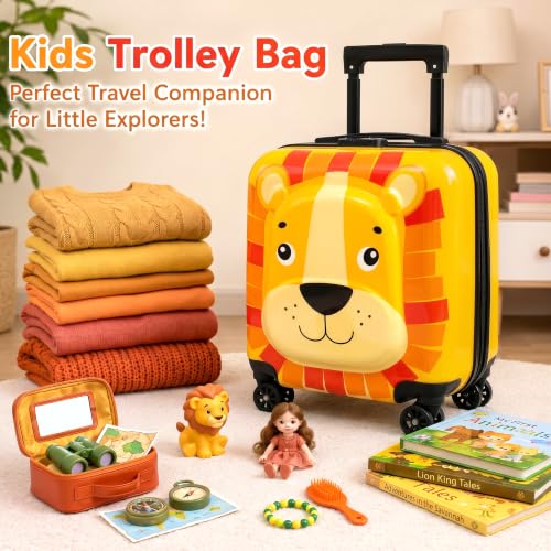 Image of Storite 18In Kids Luggage Trolley Hard Shell Cabin Suitcase | Cartoon Lion Face Design Suitcase Ideal For School Trips Vacations Holidays And Weekend Travel (Yellow - 35 x 23 x 38 Cm)