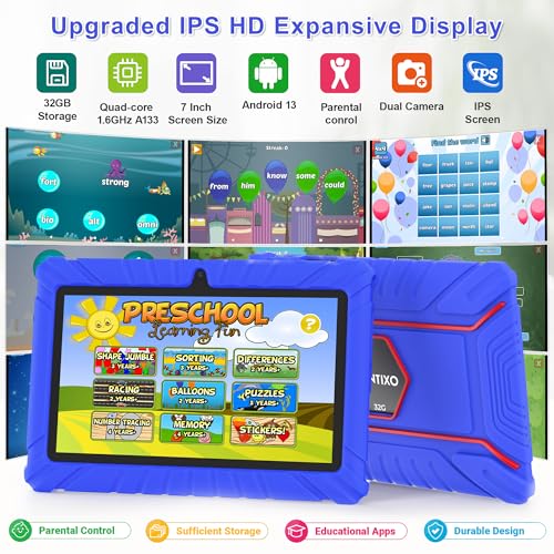 Image of Contixo 7 inch Kids Tablet - V8 Tablet for Kids and Sleeve Bag Bundle, Age 3-7, Learning Tablet for Children with Teacher's Approved Apps, 32GB, Android 11, Parental Controls - Dark Blue (Boy)