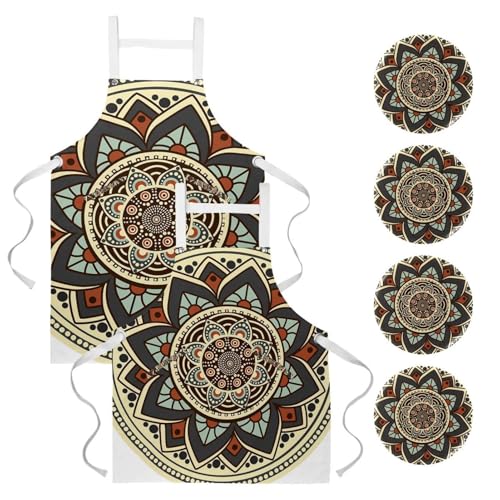 Lot de 2 tabliers de cuisine avec 4 broches à motif mandala multicolore