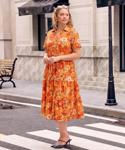 Image of CARCOS Plus Size Dresses for Curvy Women Collared Vneck Short Sleeve Dresses Midi Summer Ruffle Dress with Pocket XL-5XL