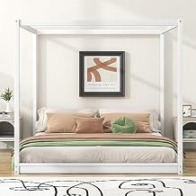 Canopy Bed Frame King Size, Wood Four Posters Bed Frame, Floor Platform Bed for Kids Teens Adults, No Box Spring Needed, White