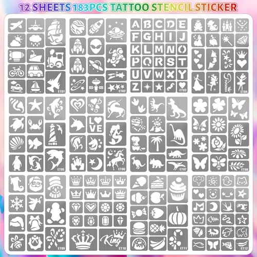 Temporary Tattoo Markers for Skin, 12 Metallic Body Markers + 183 Temporary Tattoo Stencils for Kids Adults, Flexible Brush Tip, Bright Colors, Cosmetic Tattoos Pens for Kids Adults, DIY Body Art Set