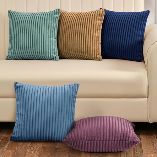Image of Yellow Weaves Pencil-Stripe Fur Cushion Covers | Soft Polyester | Decorative Sofa & Throw Pillow Covers | 16x16 Inches, Pack of 5 (Multi 1)