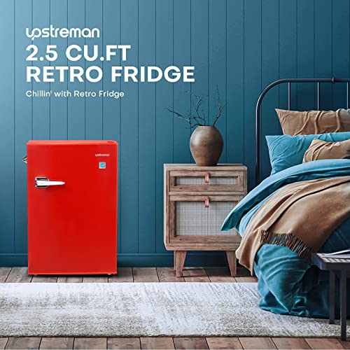 Upstreman 2.5 Cu.ft Small Refrigerator, Mini Fridge with Freezer, Red Retro Mini Fridge, Manual Defrost, Adjustable Thermostat, Side Bottle Opener, Small Fridge for Office, Bedroom, Dorm, Bar-CR25