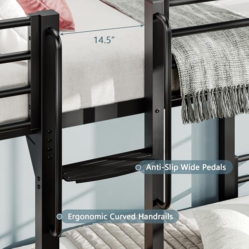 Image of iPormis Metal Bunk Bed Twin Over Twin, Heavy Duty Bunk with High Guardrail and Ladder with Built-in Handrails & Wide Steps, Under-Bed Storage Space, Easy Assembly, Noise Free, Black