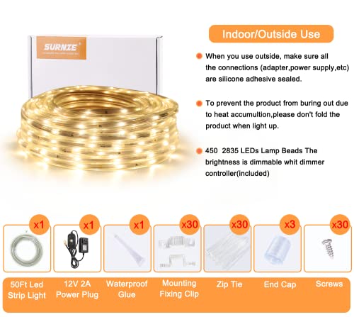 Surnie Led Rope Lights Outdoor Waterproof - 50Ft 3000K Soft White Strip Light 12V Low Voltage Clear Flat Flexible Cuttable Outside Indoor Decorative Lighting For Bedroom Patio Camping Deck Landscape #TOP7