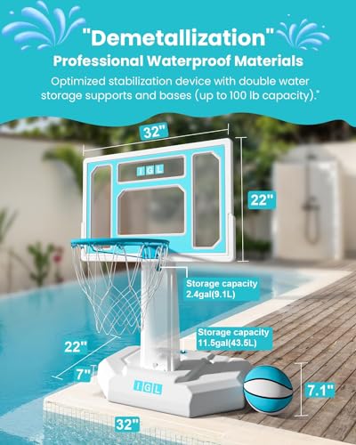 Image of IGL Pool Basketball Hoop Outdoor, Outdoor Poolside Basketball Hoop, Base & Stand Double Water Storage with 2 Ball & Inflator, Stainless Steel Basketball Rim, Fixed Height