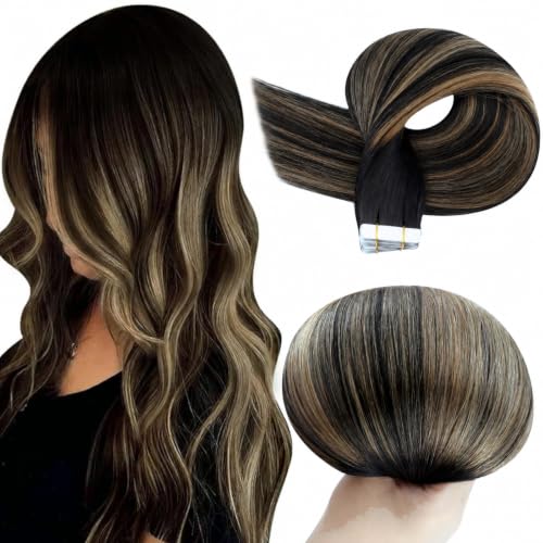 Full Shine Tape In Hair Extensions Human Hair, Black Honey Blonde 24 Inch