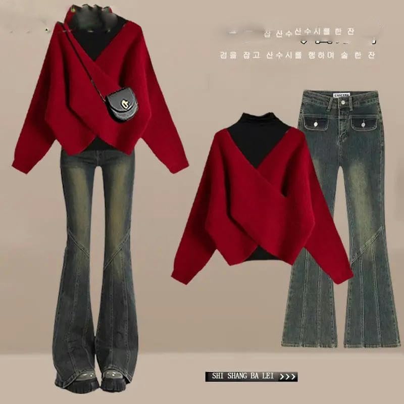 Autunno Inverno Denim Pantaloni Set Coreano Elegante Maglia Maglione+Camicia Inferiore+Micro Flare Jeans 3 Pezzi Vestito