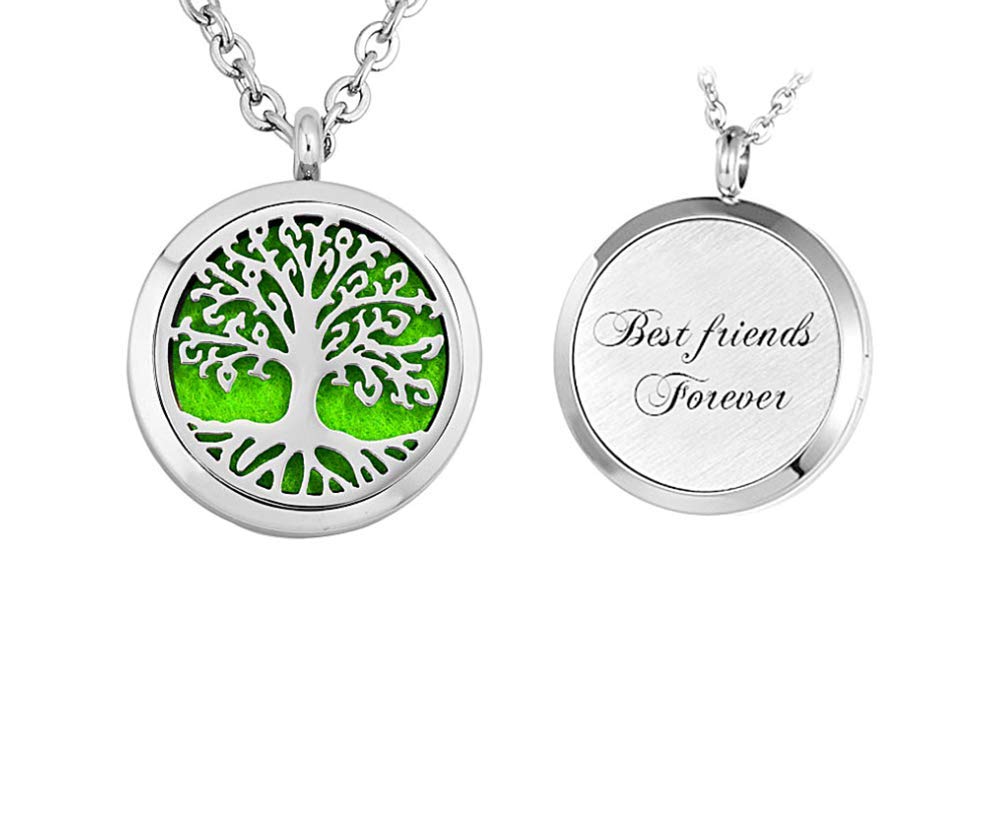 CLY Jewelry Essential Oil Diffuser Necklace Locket Pendant Tree of Life Engraved Necklace Best Friend Forever Friendship with Refill Pads Women Jewelry Ideal Gift for Girl Women Birthday Mother's Day