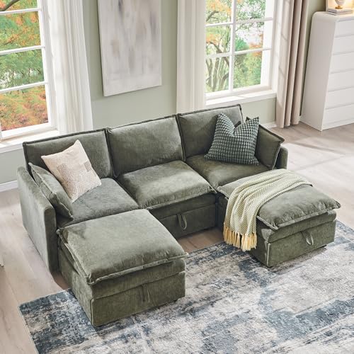 ALLTUFO 85.83" Modular Sectional Cloud Couches for Living Room, Modern Sectional Sofa with Storage Ottoman, U-Shape 5 Seat Chenille Cloud Sofa with Pillows for Bedroom and Apartment, Green