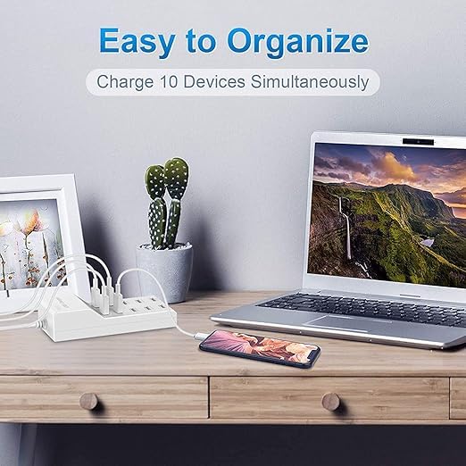 Image of WeFly USB Mobile Charger, Charging Station with Turbo Charging Auto Detect Technology Safety Guaranteed 10-Port Smart USB Ports for Multiple Devices Smart Phone Tablet Smart Watch (White)