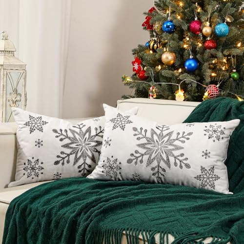 Lewondr Christmas Throw Pillow Covers, 12x20 Inch Snowflake Embroidery Pillow