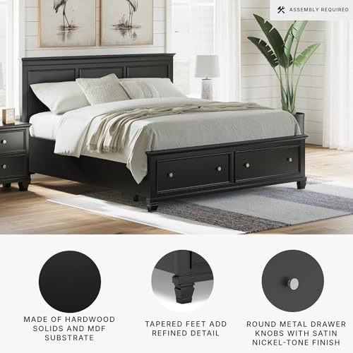 Image of Signature Design by Ashley King Storage Bed Frame and Headboard, Black | Extra-deep footboard drawers, Hardwood solids, birch veneer and MDF substrate storage bed frame, Lanolee Series