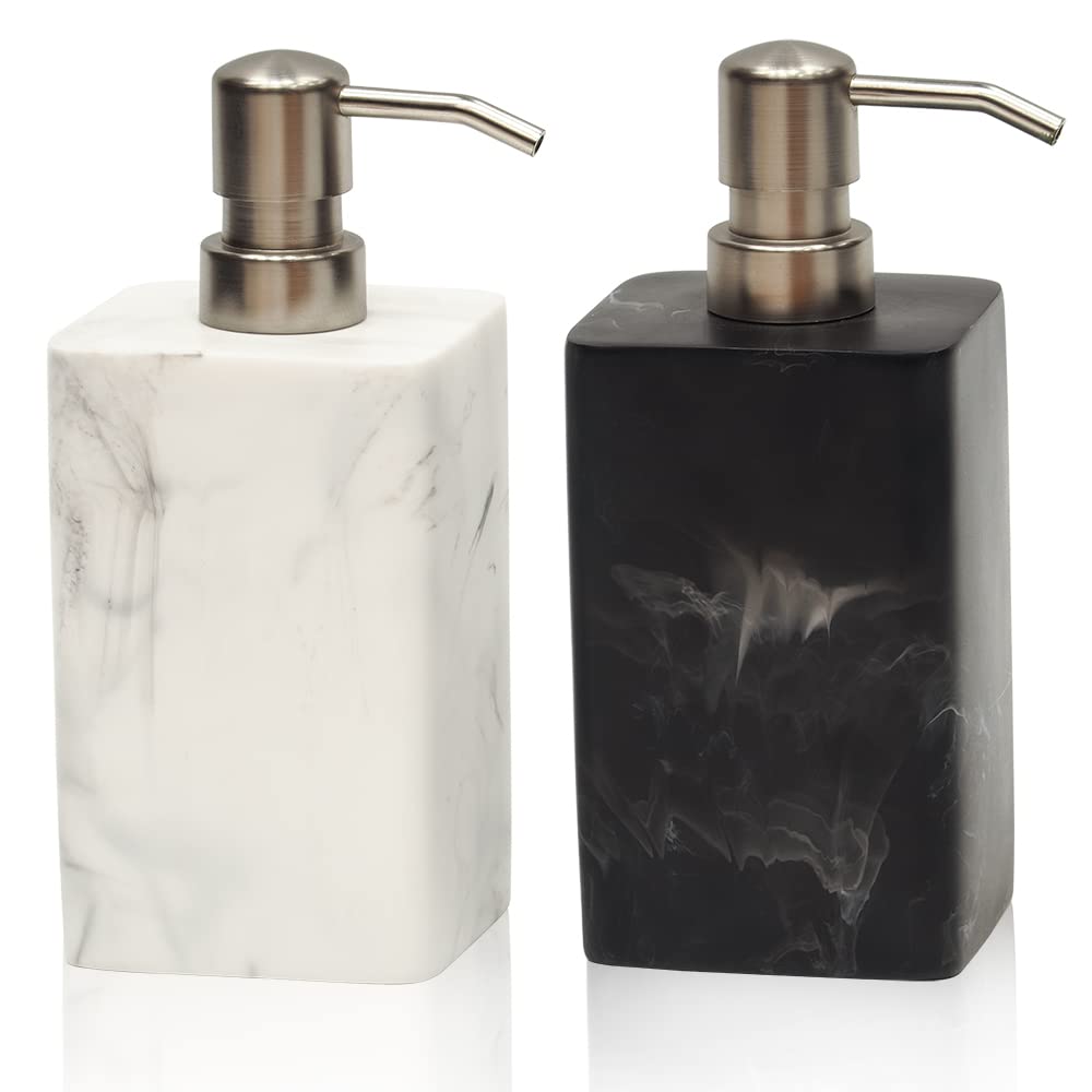 Suanti Soap Dispenser Set 2-Pack White & Black Marble Style,Refillable Liquid Square Resin Decorative Soap Dispenser for Bathroom Countertop & Kitchen Home Decor (14.5 Oz)