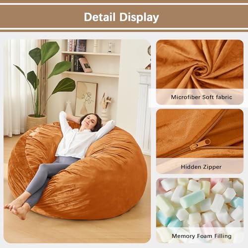 Image of Bean Bag Chairs for Adults - Memory Foam Furniture BeanBag Chair - Kids /Teens Sofa with Soft Micro Fiber Cover - Round Fluffy Couch for Living Room Bedroom College Dorm - 4 ft, Golden Brown