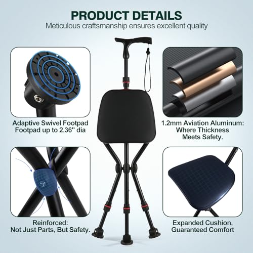Image of Walking Cane with Seat Holding 400 lbs - Heavy-Duty Folding Cane Chair with Upgraded Detachable 3 Legs, ABC Markings, Adjustable 19 inch-22 inch Seat Height, Large Comfort Seat for Seniors