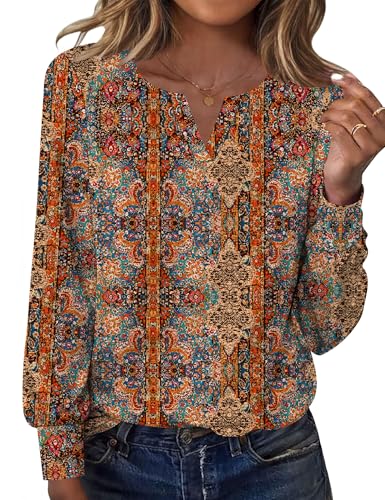 Ivicoer V Neck Tops for Women Long Sleeve Blouses Dressy Casual Work Shirts Business Casual Fall Clothes (Retro Print, L)