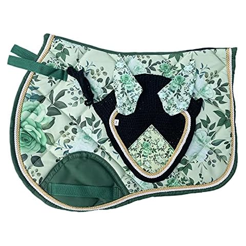 Royalian Horse Cotton No-slip Pony Jumper Saddle Pad With Fly veil Equestrian Bareback Jumper Pad Fly veil Set Riding tapis de selles For All Purposes Easy To Fit Firm "Flower Design" Cover