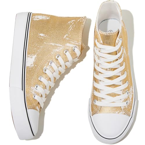 kufeiti High Top Sneakers for Women Canvas Lace Up Tennis Shoes Women's Fashion Cute Comfortable Casual Walking Shoes(Golden,US7)