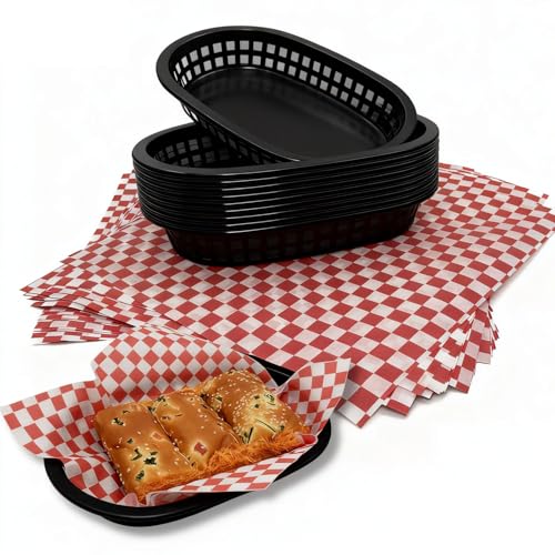 MEOTAKILE Plastic Fast Food Baskets with Paper Liners 10.46.3 in Black Baskets & 1212 in Red Liners Set of 10 Baskets & 100 Sheets for Burgers Fries Sandwiches Parties BBQ & Birthday