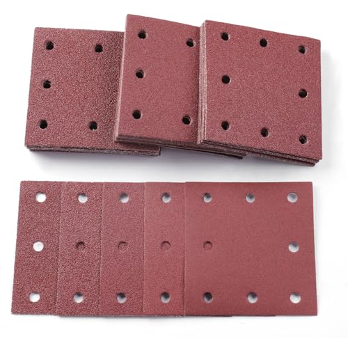 Sruhrak 50 Pieces Sandpaper, 110x115mm Sanding Sheets Stick and Peel Sanding Pads 40/60/80/120/240 Grits Set 1/4 Sander Paper for Electric Sander Polishing, Rust Removal