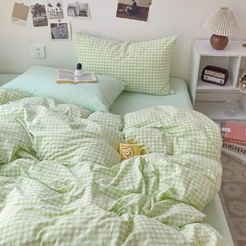Image of LifeTB Queen Comforter Set Green Gingham Bedding Comforter Set 3 Pieces Brown Grid Bed Comforter with 2 Pillowcases Vintage Checkered Plaid Comforter Fluffy Soft Farmhouse Grid Bedding Set