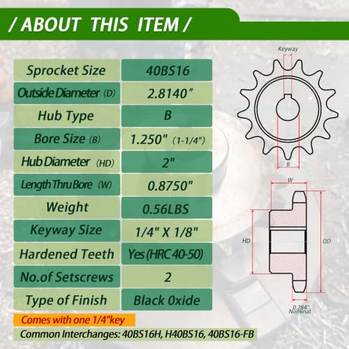 Image of #40 Sprocket 16T 1-1 /4 inch Bore Hardened Black Oxide | 1045 steel, high-frequency hardened teeth, black oxide finish, 2 set screws & key. For ANSI #40 roller chain.