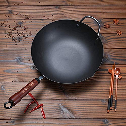 Wok de hierro martillado a mano 30 cm con mango de madera miniatura 2