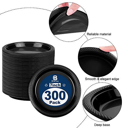 Breroa 300 Pack Black Disposable Plastic Plates With Sticker 7 Inch Heavy Duty Round Plates Food Grade Solid Color Dinner Party Plates For Party Supplies, Dinner, Picnic #TOP2