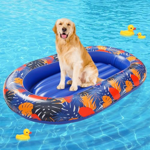 BEAUTYZOO Inflatable Dog Pool Float for Large Dogs, Foldable Summer Swim Raft for Pool, Lake, River Beach- Heavy-Duty Tear/Scratch Proof-up to 150Lbs Dogs Floatie Boat Hawaiian Ride-On Design