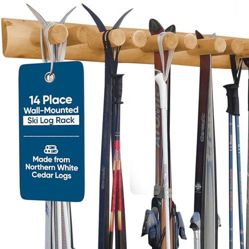 14-Place Log Ski Rack Wall Mount, Indoor Ski Storage Rack for Garage Organizers, Wooden Skis Wall Mount Storage Racks, Pole Skis Sports Racks, Garage Organization Walls - Natural